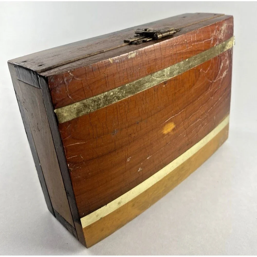 Cedar Wood Trinket Jewelry Box Brass Inlay Rustic Hinged Wooden Storage VTG